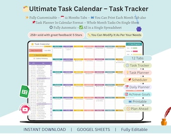 Task Calendar - task tracker and calendar - task planner google sheets - monthly calendar - Yearly calendar template - task management