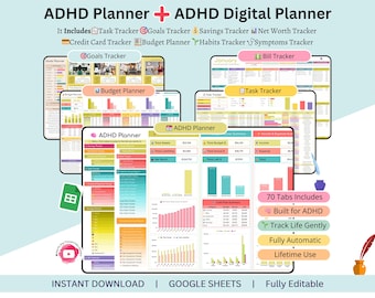 adhd life planner - adhd planners - goal planner - spending tracker - savings challenge - monthly budget - budget tracker - symptom tracker