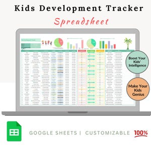 Peut inclure: Un écran d'ordinateur portable affichant un tableur Google Sheets intitulé "Kids Development Tracker". Le tableur est coloré et comprend des graphiques et des diagrammes. Le texte "Boost Your Kids' Intelligence" et "Make Your Kids Genius" est affiché à l'écran. Le texte "GOOGLE SHEETS | CUSTOMIZABLE 100%" est affiché sous l'ordinateur portable.