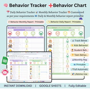 Può includere: Tracker e grafico del comportamento digitale con il testo "Behavior Tracker + Behavior Chart". L'immagine mostra report giornalieri e mensili stampabili, personalizzabili in base alle esigenze. Include funzionalità come "Track Below", "Kids Behavior" e "Lifetime Use".