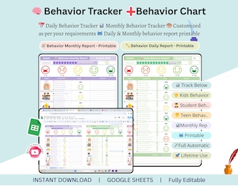 May include: Digital behavior tracker and chart with the text "Behavior Tracker + Behavior Chart." The image shows printable daily and monthly reports, customizable for requirements. Includes features like "Track Below," "Kids Behavior," and "Lifetime Use."