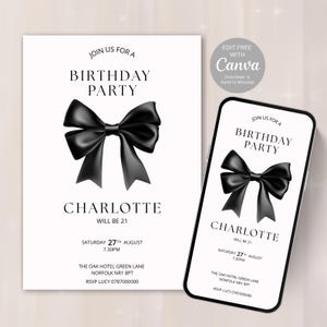 Invito per il 21° compleanno con fiocco nero, modello elegante per invito alla festa / qualsiasi età / download digitale modificabile / invito per evento di classe - 807C