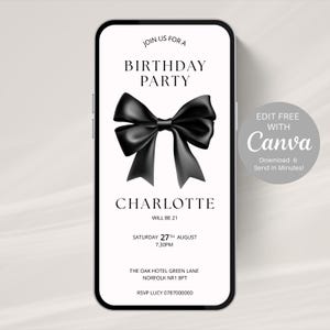Convite de 21º aniversário com laço preto, modelo elegante para festa | Qualquer idade | Download digital editável | Convite elegante para evento - 807A
