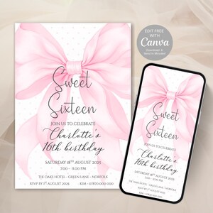 Rosa Schleife Süß 16.Geburtstagseinladung, Sweet Sixteen Party Einladen Vorlage | Oder für jedes Alter Einladung | Bearbeitbarer digitaler Download - 815C