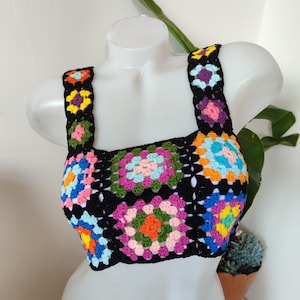 Colorful Crochet Granny Square Crop Top | Handmade Festival Bralette | Retro Knit Pride Top