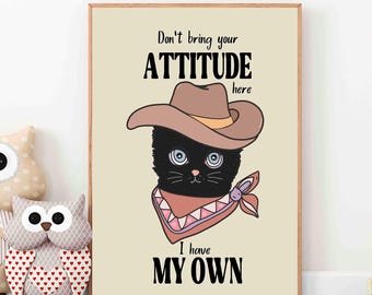 Impresión de sarcasmo de gato vaquero, decoración humorística retro de los 70 (descarga digital)