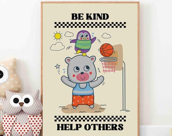 Póster "Sé amable", ilustración de oso de los años 70, decoración infantil (descarga digital)