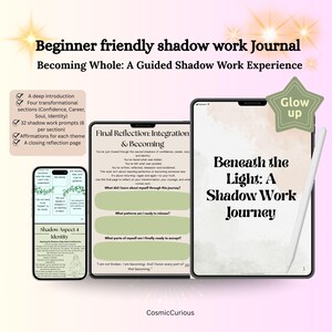 May include: A digital shadow work journal with the title "Beginner friendly shadow work Journal" and the subtitle "Becoming Whole: A Guided Shadow Work Experience." The journal includes prompts, affirmations, and reflection pages.