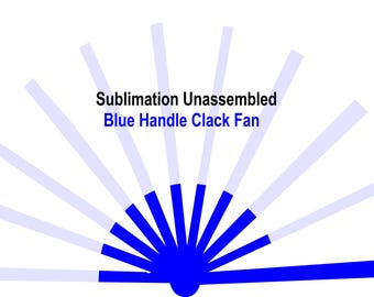 May include: A blue and white hand fan with the text "Sublimation Unassembled Blue Handle Clack Fan". The fan is made of multiple blue and white slats that are folded together.