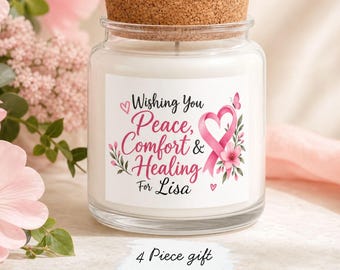 Breast Cancer Gift Box, 4 Piece Set, Personalized Cancer Care Package for Her, Candle, Pink Blanket, Flowers, Clip, Healing Gift Set for Her