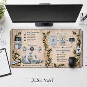 May include: A rectangular desk mat featuring a CT scan guide with a rustic wood background, floral borders, and medical diagrams. Text includes CT Scan Preparation, Scan Process, Procedure Flow, Patient Instructions, and Gentle Care Leads to Thriving.