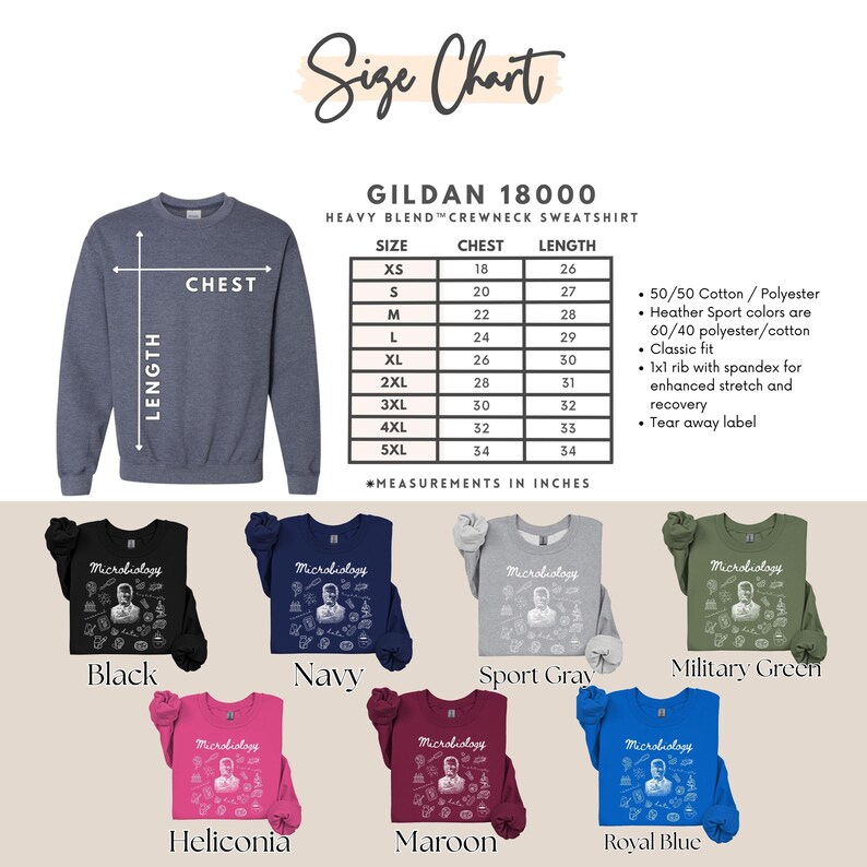 May include: A size chart and a variety of crewneck sweatshirts in different colors are displayed. The sweatshirts are in black, navy, sport gray, military green, heliconia, maroon, and royal blue. Each sweatshirt has the word "Microbiology" printed on it.