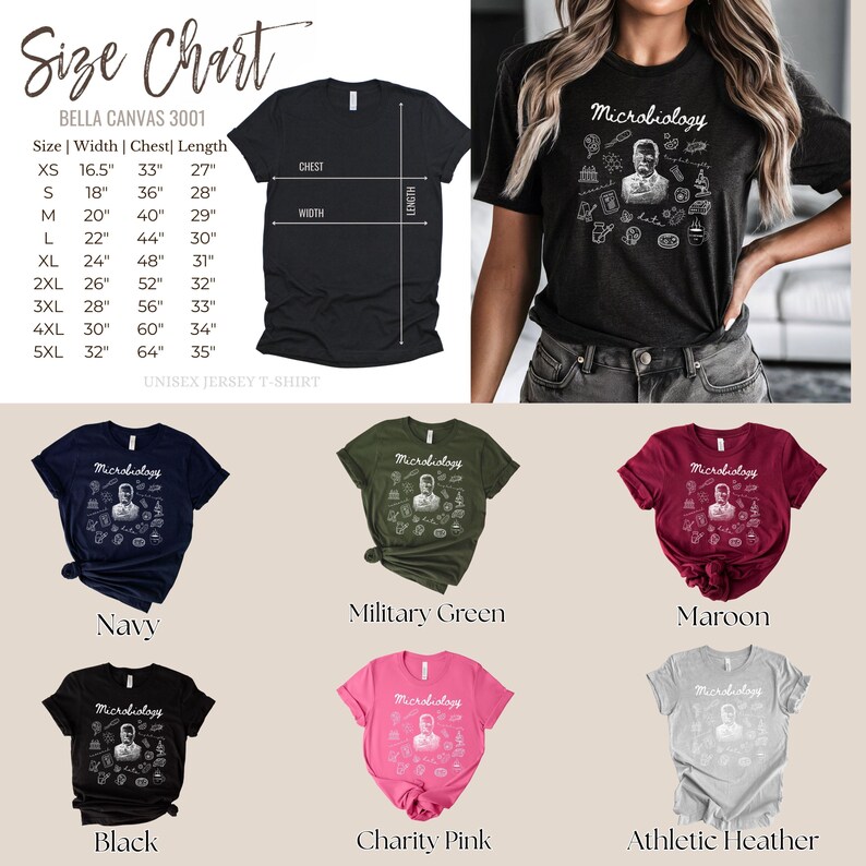 May include: A size chart and a variety of t-shirts in different colors are displayed. The shirts feature the word "Microbiology" and a graphic. Colors include navy, military green, maroon, black, charity pink, and athletic heather.