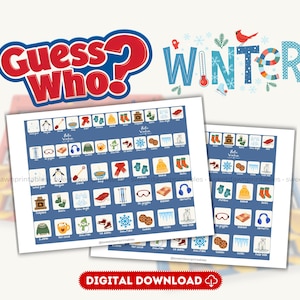 Puede incluir: Un tablero de juego imprimible Guess Who? Winter con una cuadrícula azul y varios iconos estacionales como pingüinos, manoplas y copos de nieve. El texto incluye Guess Who?, Winter, Hello Winter y Digital Download con un icono de nube.