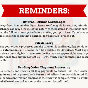 May include: A red banner with the word "REMINDERS:" in white text. Below, text explains Etsy policies on returns, refunds, file delivery, and payment processing for digital items. The text is in a sans-serif font.