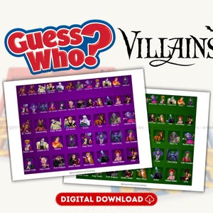 May include: Digital download of a "Guess Who? Villains" game. The game features two printed sheets with illustrations of various Disney villains. The "Guess Who?" logo is in red and blue, and the word "Villains" is in black.
