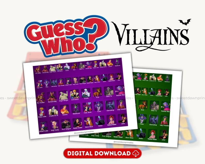 May include: Digital download of a "Guess Who? Villains" game. The game features two printed sheets with illustrations of various Disney villains. The "Guess Who?" logo is in red and blue, and the word "Villains" is in black.