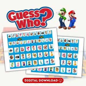 May include: A digital download featuring a "Guess Who?" game with a Super Mario theme. The game boards have blue backgrounds with character illustrations. The title "Guess Who?" is in red and white. Mario and Luigi figures are also present.