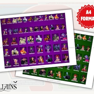 May include: Two printed sheets featuring a "Villains" guessing game. The main sheet has a purple background with character portraits. The second sheet has a green background. The text "A4 Format" is in a red starburst. The game's title is at the bottom.
