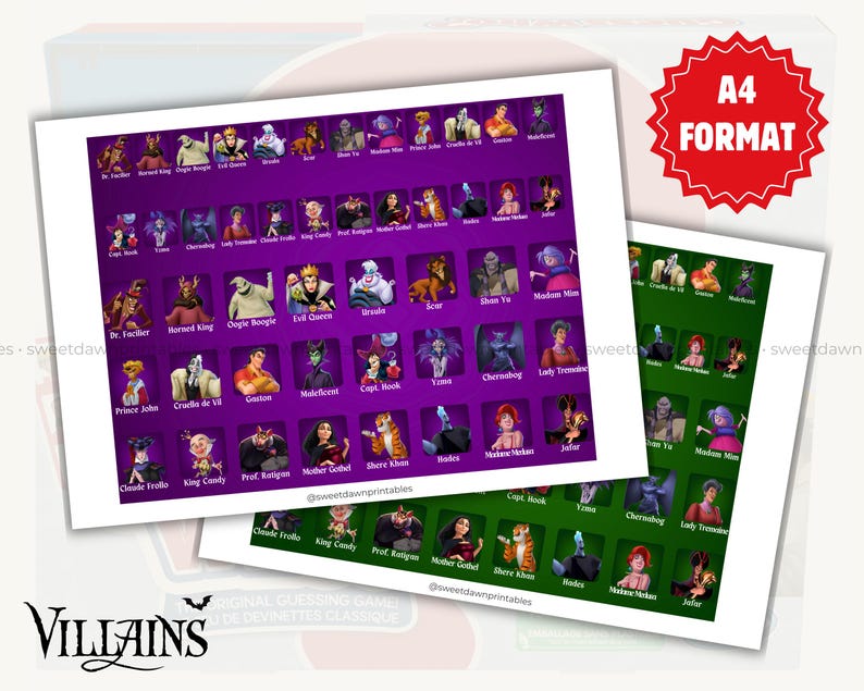 May include: Two printed sheets featuring a "Villains" guessing game. The main sheet has a purple background with character portraits. The second sheet has a green background. The text "A4 Format" is in a red starburst. The game's title is at the bottom.