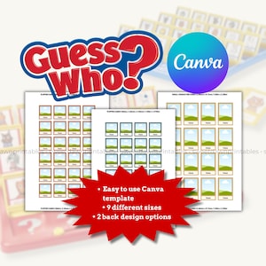 May include: A red and blue "Guess Who?" game logo is above printed templates with spaces for character cards. The Canva logo is also visible. A red starburst graphic highlights features: Canva template, 9 sizes, and 2 back design options.