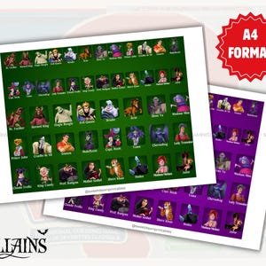 May include: Two sheets of paper with a green and purple grid of Disney villains. Each grid square contains a character image and name. The top sheet has "A4 FORMAT" in a red starburst. The word "VILLAINS" is at the bottom.