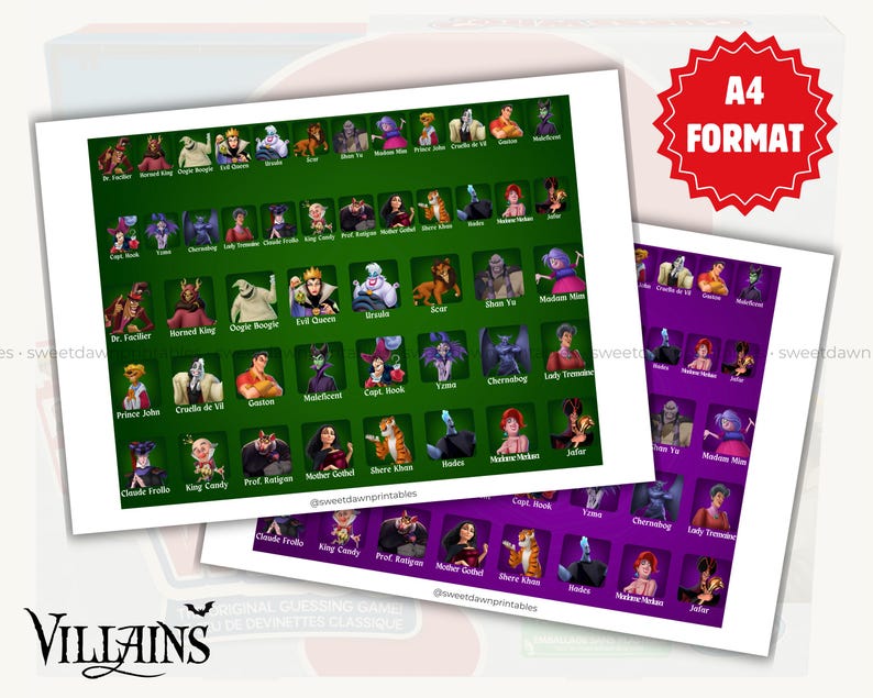 May include: Two sheets of paper with a green and purple grid of Disney villains. Each grid square contains a character image and name. The top sheet has "A4 FORMAT" in a red starburst. The word "VILLAINS" is at the bottom.