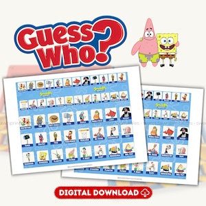 Op de afbeelding: Een "Raad eens?" spel met personages uit de animatieserie Spongebob Squarepants. Het spel bevat twee spelborden met karakterillustraties, de speltitel in rood en blauw en afbeeldingen van Spongebob en Patrick.