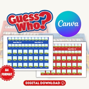 Könnte beinhalten: Digitaler Download einer "Wer bin ich?" Spielvorlage. Das Bild zeigt zwei Spielbretter, eines in Blau und eines in Rot, mit Platz für Fotos. Das "Wer bin ich?" Logo ist rot und weiß. Das Canva-Logo ist ebenfalls sichtbar.