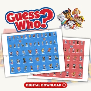 Puede incluir: Un juego de mesa Guess Who con personajes de Paw Patrol. El set incluye una hoja de juego azul y una roja, ambas con filas de pequeñas ilustraciones de personajes con nombres. Arriba aparece el texto Guess Who y figuras de Paw Patrol. Abajo hay un botón de Digital Download.