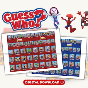 Könnte beinhalten: Ein Guess Who Spielset mit Charakteren aus Spidey und seine Super-Freunde. Das Set enthält zwei druckbare Bögen mit Rastern von Charakterillustrationen in Rot und Blau sowie ein Logo und drei schwebende Charakterfiguren am oberen Rand.