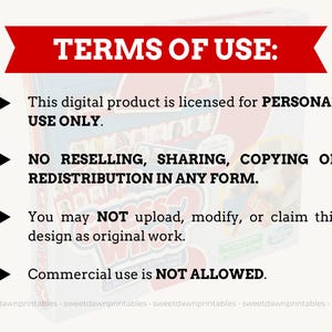 May include: A digital product with the text "TERMS OF USE:" in a red banner. The text states the product is for personal use only, with no reselling, sharing, copying, or redistribution allowed. Commercial use is not allowed.
