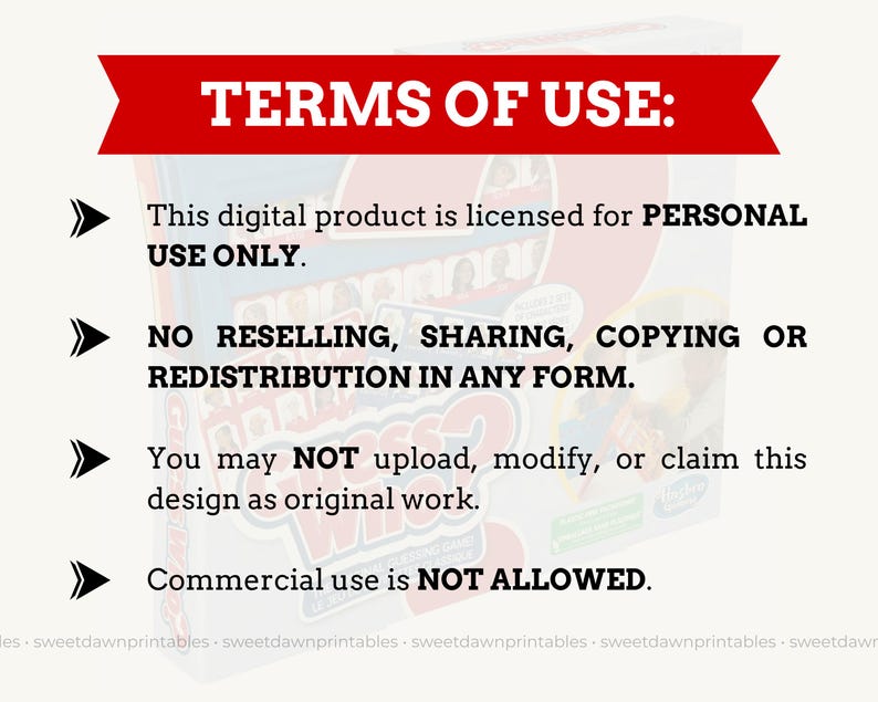 May include: A digital product with the text "TERMS OF USE:" in a red banner. The text states the product is for personal use only, with no reselling, sharing, copying, or redistribution allowed. Commercial use is not allowed.
