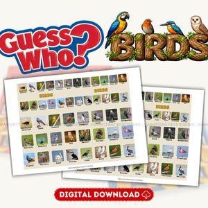 May include: A "Guess Who?" game featuring a "BIRDS" theme. The image shows a game board with various bird illustrations, a decorative "BIRDS" sign with bird figures, and the text "DIGITAL DOWNLOAD".