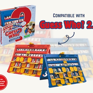 May include: A red, blue, and white Guess Who? game box with the text "Guess Who?" and "Compatible with Guess Who? 2.0". Two game boards, one red and one blue, are displayed with yellow character cards. The image includes a red circle with text.