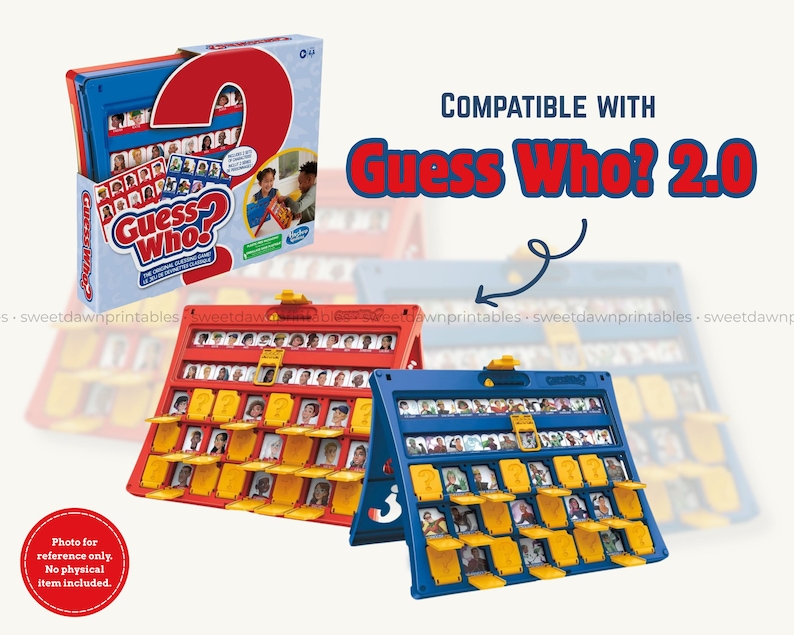 May include: A red, blue, and white Guess Who? game box with the text "Guess Who?" and "Compatible with Guess Who? 2.0". Two game boards, one red and one blue, are displayed with yellow character cards. The image includes a red circle with text.