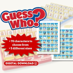 May include: A "Guess Who" game featuring the text "Guess Who!" in red and blue. The game includes cards with various characters and the text "70 characters to choose from" and "5 different sizes". The words "DIGITAL DOWNLOAD" are also visible.
