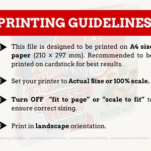 May include: A red banner with the text "PRINTING GUIDELINES:" above a list of instructions. The instructions advise printing on A4 paper (210 x 297 mm), setting the printer to actual size, and printing in landscape orientation.