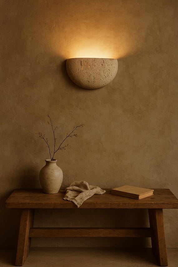 Wabi-Sabi Travertine Wall Sconce – Natural Stone Light Fixture for Living Room, Bedroom, Hallway, Entryway, Porch – Warm Ambient Lighting