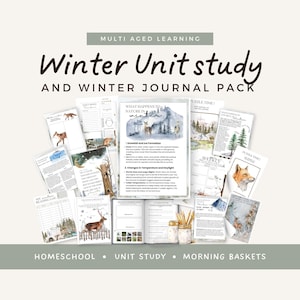 May include: A collection of educational materials for winter-themed learning. The image features various worksheets, journals, and study guides with illustrations of animals and winter scenes. Text includes "Winter Unit Study" and "Homeschool."