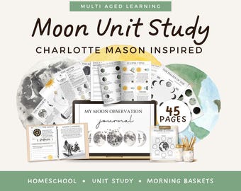 Estudio de la luna, lección de astronomía, actividades de educación en casa para niños, fases de la luna, Charlotte Mason, unidad lunar, paquete de hojas de trabajo Montessori