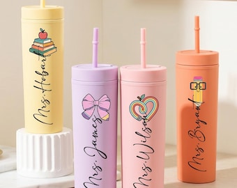 Tazza termica personalizzata da 473 ml (16 oz) con coperchio e cannuccia, regalo per l'insegnante di scuola materna da parte di un alunno, regalo per la settimana di apprezzamento delle insegnanti dell'asilo nido.