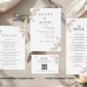 May include: A wedding invitation suite featuring a minimalist design with floral accents. The suite includes an invitation, details card, menu, and RSVP card. The text is in a classic serif font, with the names "Juliet & Henry" prominently displayed.
