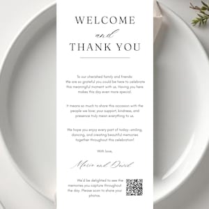 Nowoczesne kartki z podziękowaniami na wesele z kodem QR, minimalistyczne kartki z podziękowaniami na stół, prosta kartka z podziękowaniami, kartka z notatką o miejscu w menu