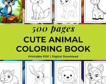 Può includere: Un libro da colorare digitale con 500 pagine di illustrazioni di animali carini. La copertina mostra vari disegni al tratto di animali, tra cui una giraffa, un leone, un coniglio e una volpe, insieme a esempi colorati di un agnello e un pappagallo.