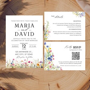 Autumn Wildflower Wedding Invitation Set Template,  Whimsical Floral Invitation Suite Template, Field Flowers Wedding Invite QR Code Bundle
