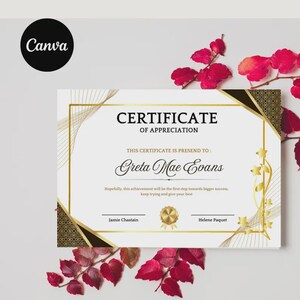 May include: A certificate of appreciation with gold and black accents. The certificate reads "Certificate of Appreciation" and is presented to "Greta Mae Evans." The Canva logo is in the upper left corner. Red leaves and branches frame the certificate.