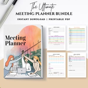 May include: A printable meeting planner bundle with a colorful watercolor background and illustrations of three people high-fiving. The bundle includes a meeting agenda, monthly planner, and weekly overview.