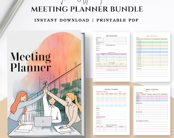 May include: A printable meeting planner bundle with a colorful watercolor background and illustrations of three people high-fiving. The bundle includes a meeting agenda, monthly planner, and weekly overview.