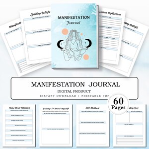 Puede incluir: Un diario de manifestación digital imprimible de 60 páginas. La portada presenta un fondo de acuarela azul con una mujer meditando en una postura de yoga. El diario incluye secciones para creencias limitantes, elevar tu vibración, conocerte a ti mismo, el método 369 y manifestar el amor.